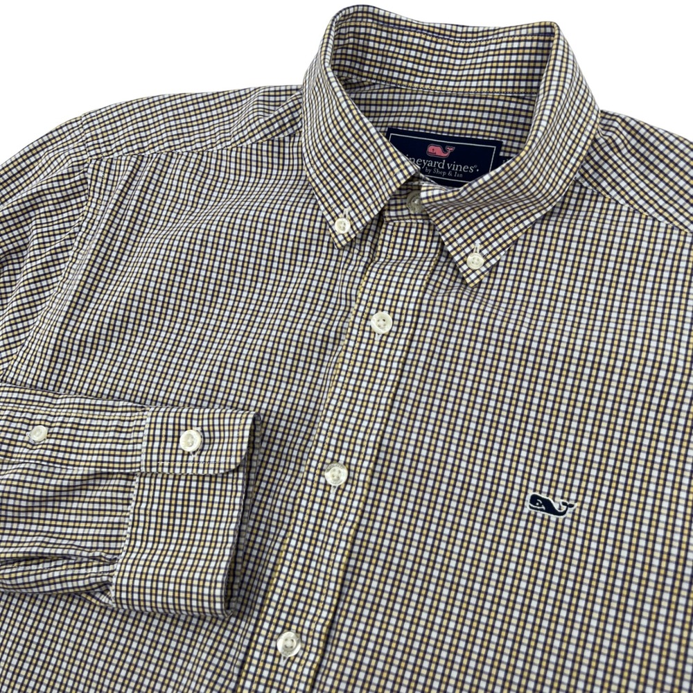 Vineyard Vines Mens Slim Fit Whale Shirt Cotton Navy Yellow Check Medium M